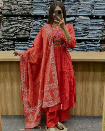 Red Beautiful Anarkali Kurti With Embroidery With Dupatta