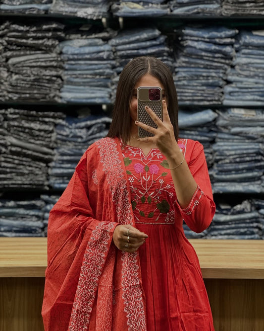 Red Beautiful Anarkali Kurti With Embroidery With Dupatta