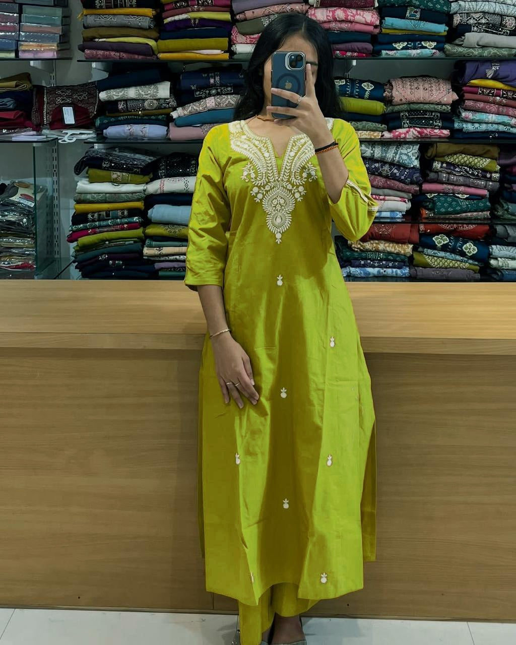 Beautiful Green Cotton Kurta Pant Set