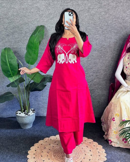 Beautiful Long Slit Cotton Kurta Pant Set