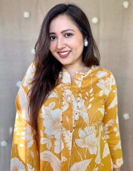 Graceful Yellow Mirror Work Kurti