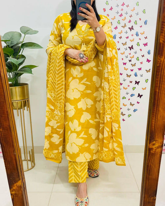 New Designer Yellow Floral Cotton Suit Set