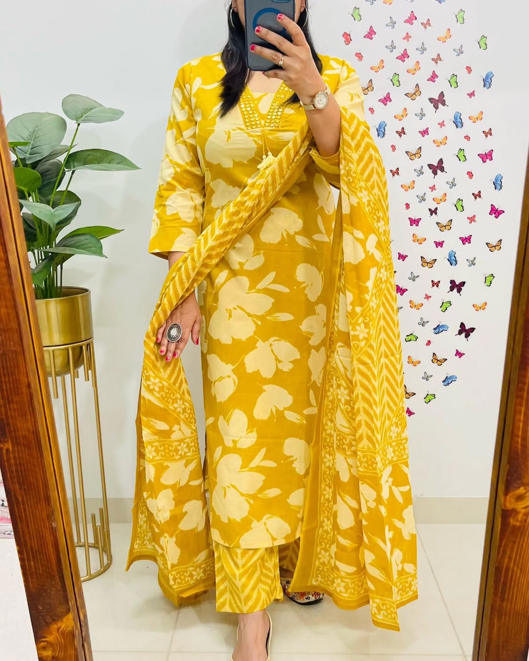 New Designer Yellow Floral Cotton Suit Set