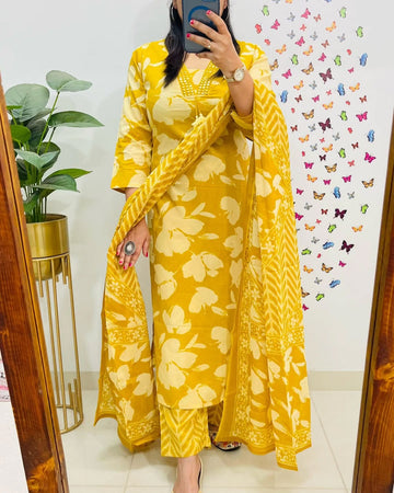 New Designer Yellow Floral Cotton Suit Set