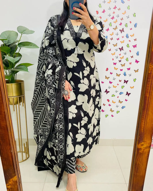 New Designer Black Floral Cotton Suit Set