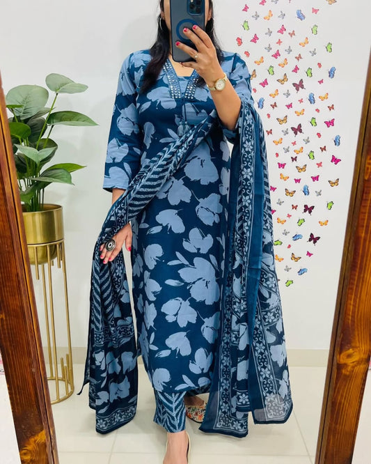 New Designer Blue Floral Cotton Suit Set