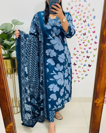 New Designer Blue Floral Cotton Suit Set