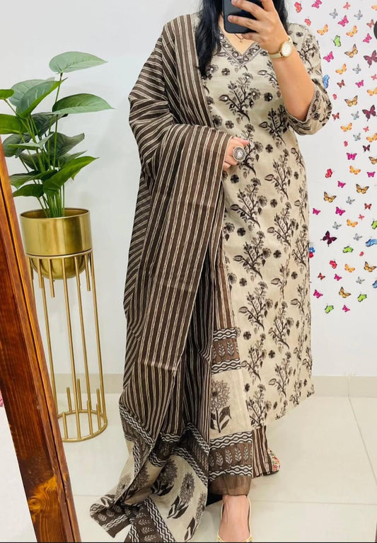 Beige Cotton Sequence Work Kurta Pant With Dupatta Set