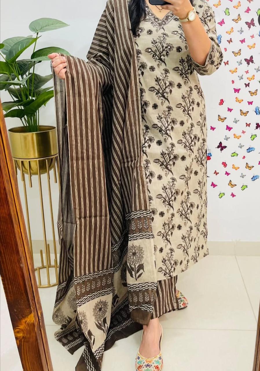 Beige Cotton Sequence Work Kurta Pant With Dupatta Set