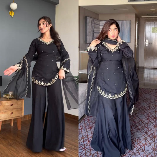 Embroidered Chinnon Silk, Kurta Palazzo Set, Pakistani Salwar Kameez, Eid wear Salwar Kameez set, Designer Kurta Pant set