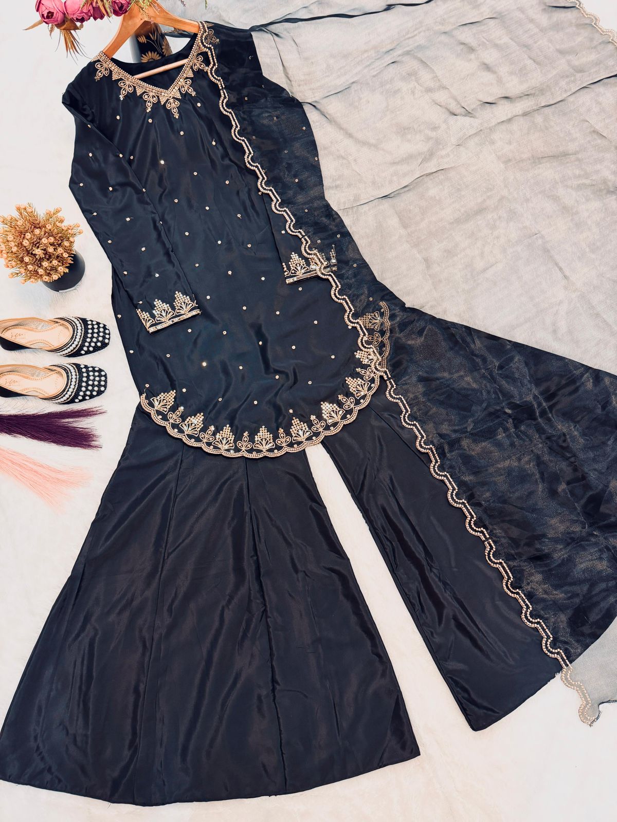 Embroidered Chinnon Silk, Kurta Palazzo Set, Pakistani Salwar Kameez, Eid wear Salwar Kameez set, Designer Kurta Pant set