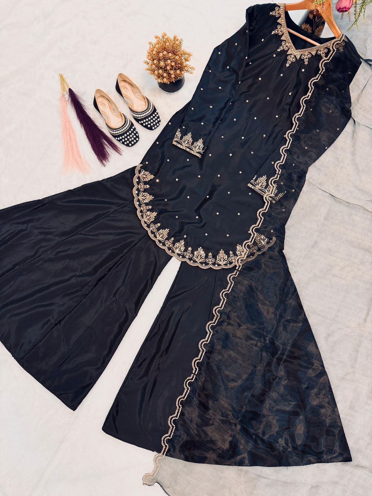 Embroidered Chinnon Silk, Kurta Palazzo Set, Pakistani Salwar Kameez, Eid wear Salwar Kameez set, Designer Kurta Pant set