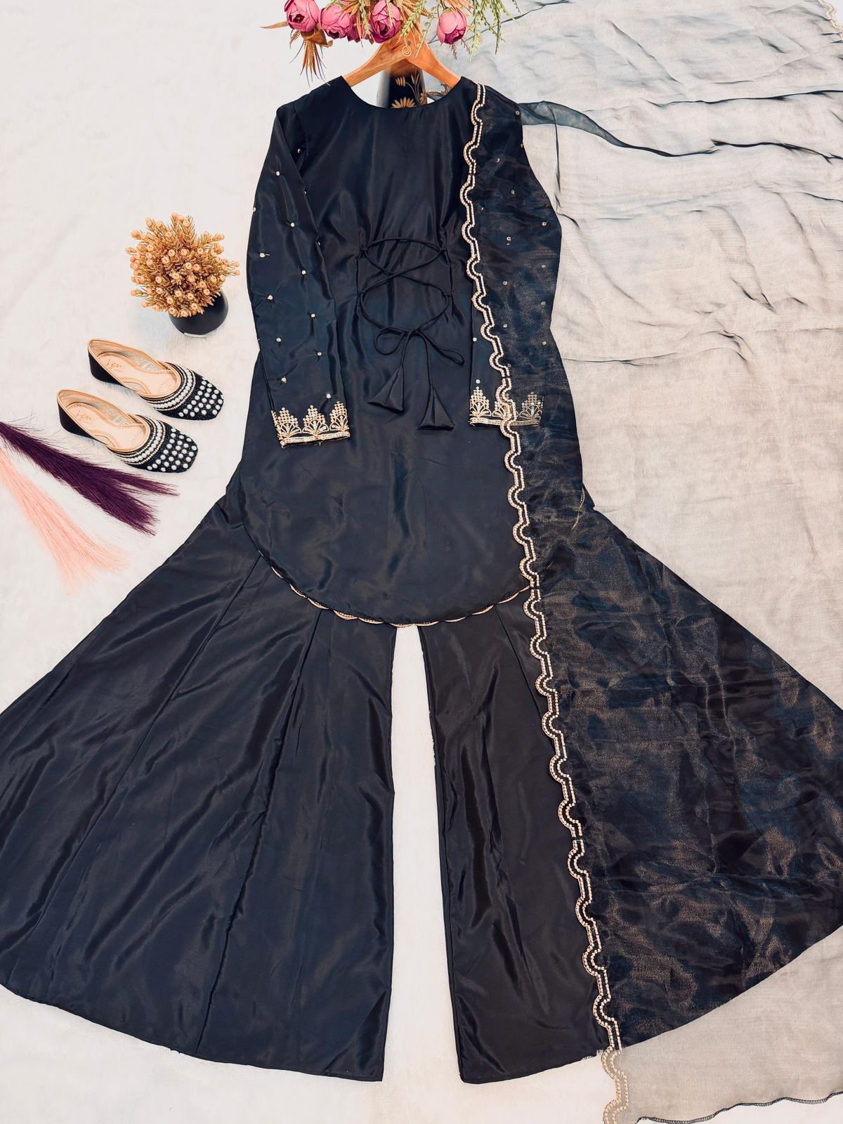 Embroidered Chinnon Silk, Kurta Palazzo Set, Pakistani Salwar Kameez, Eid wear Salwar Kameez set, Designer Kurta Pant set