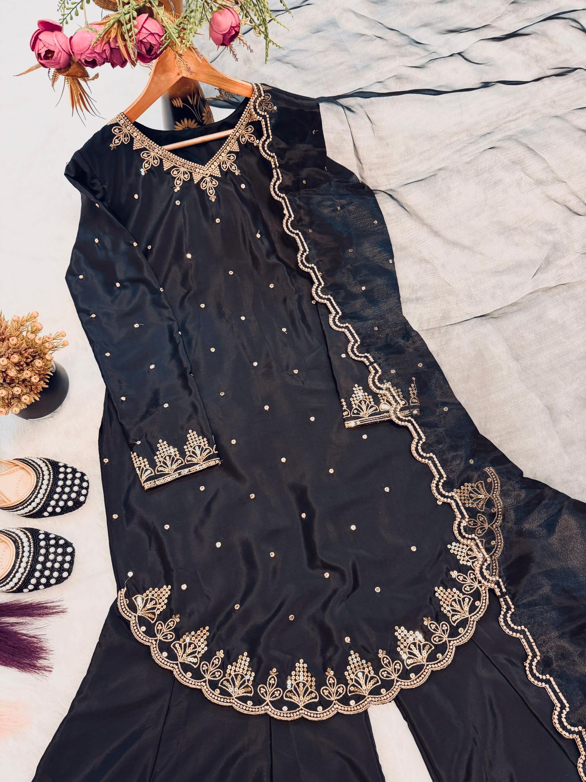 Embroidered Chinnon Silk, Kurta Palazzo Set, Pakistani Salwar Kameez, Eid wear Salwar Kameez set, Designer Kurta Pant set