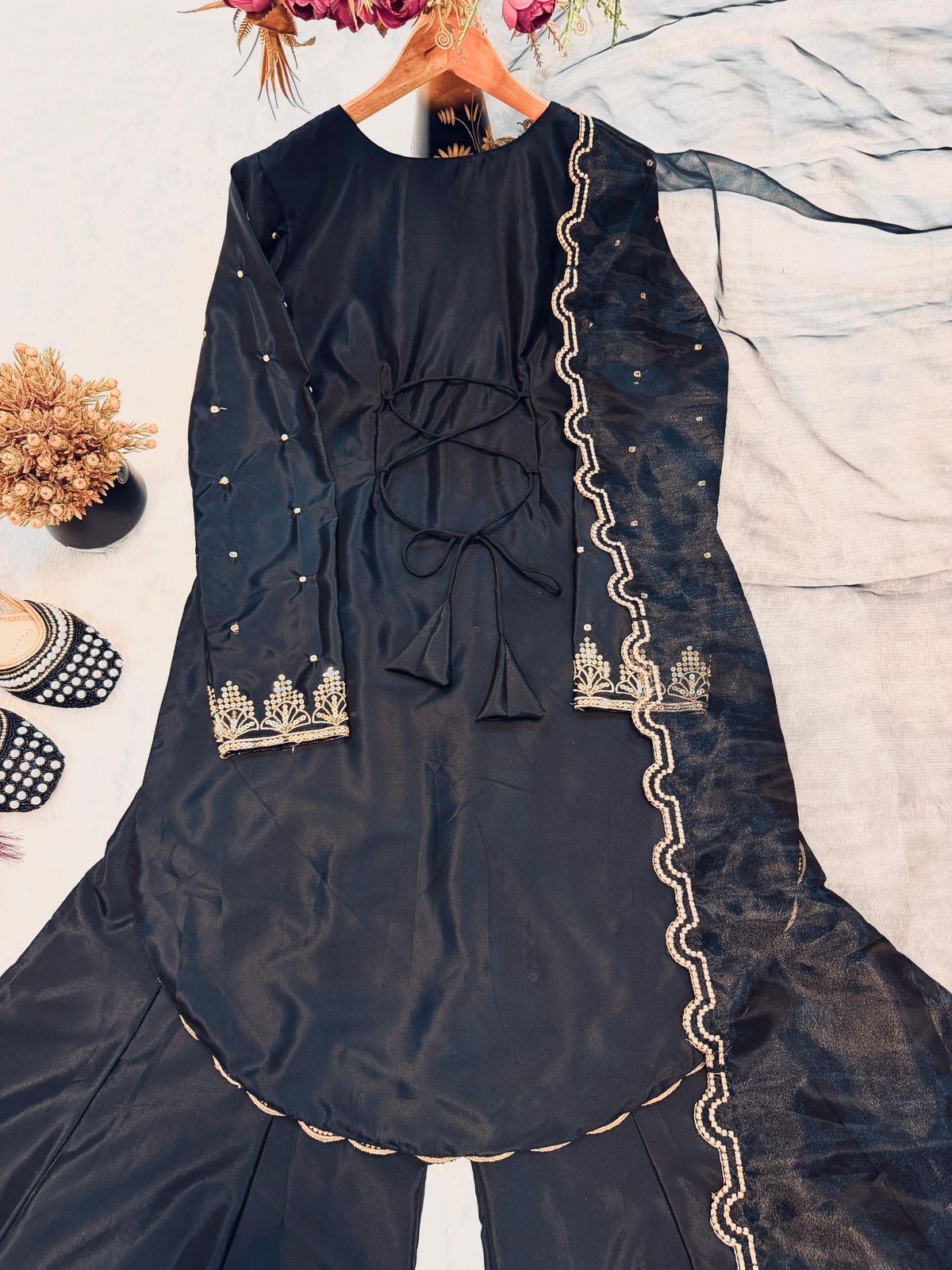 Embroidered Chinnon Silk, Kurta Palazzo Set, Pakistani Salwar Kameez, Eid wear Salwar Kameez set, Designer Kurta Pant set