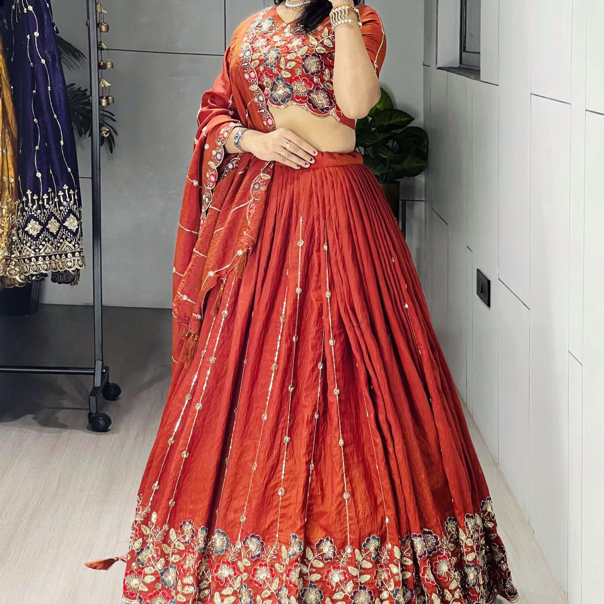 Rust Red Hand-Embroidered Lehenga Choli Set for Weddings & Festive Wear