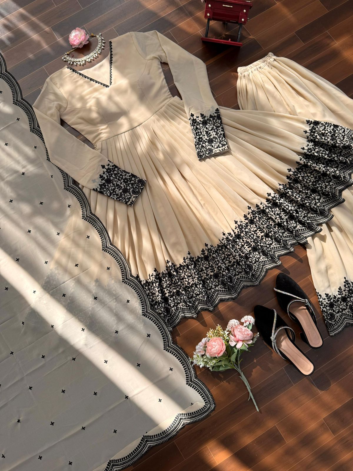 Beige Anarkali Suit with Black Embroidery Dupatta – Elegant Floor Length Ethnic Wear for Wedding & Festive Party