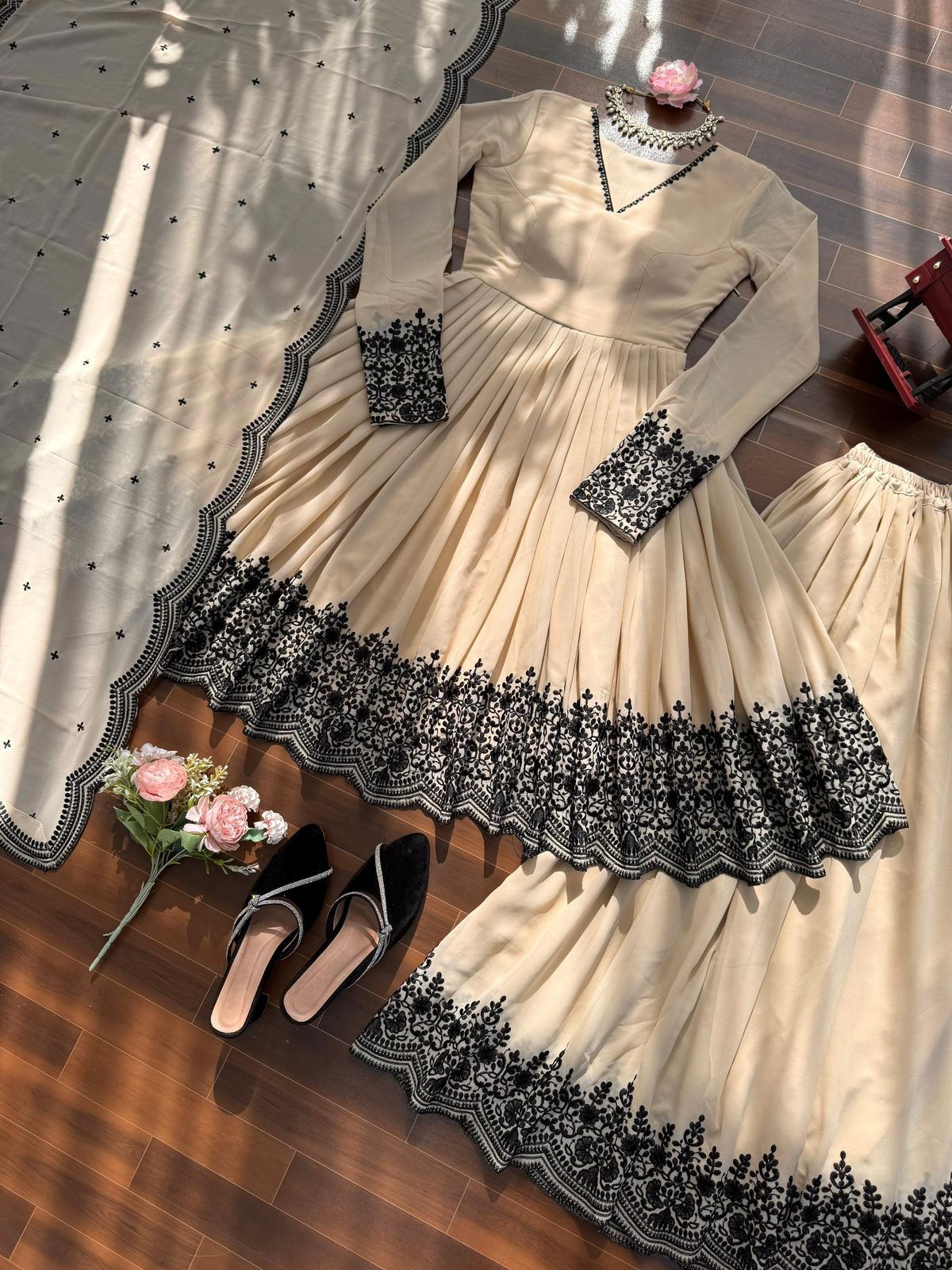 Beige Anarkali Suit with Black Embroidery Dupatta – Elegant Floor Length Ethnic Wear for Wedding & Festive Party