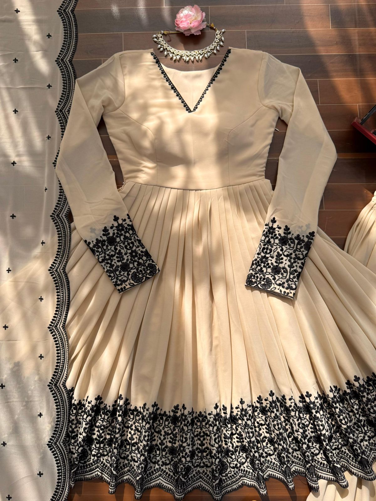 Beige Anarkali Suit with Black Embroidery Dupatta – Elegant Floor Length Ethnic Wear for Wedding & Festive Party