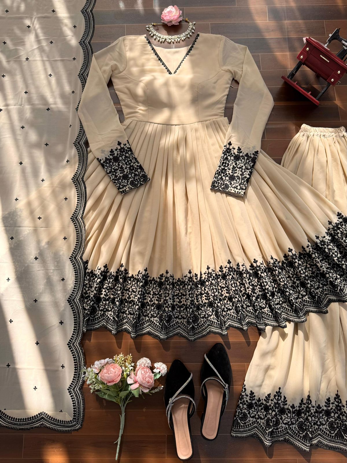 Beige Anarkali Suit with Black Embroidery Dupatta – Elegant Floor Length Ethnic Wear for Wedding & Festive Party