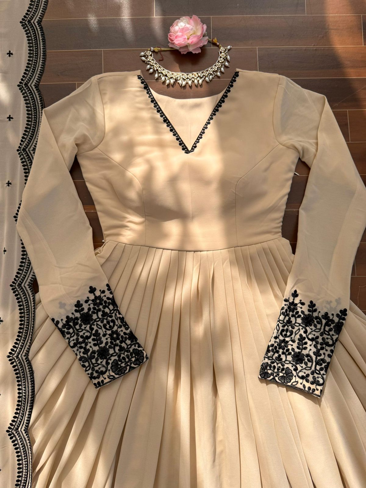 Beige Anarkali Suit with Black Embroidery Dupatta – Elegant Floor Length Ethnic Wear for Wedding & Festive Party