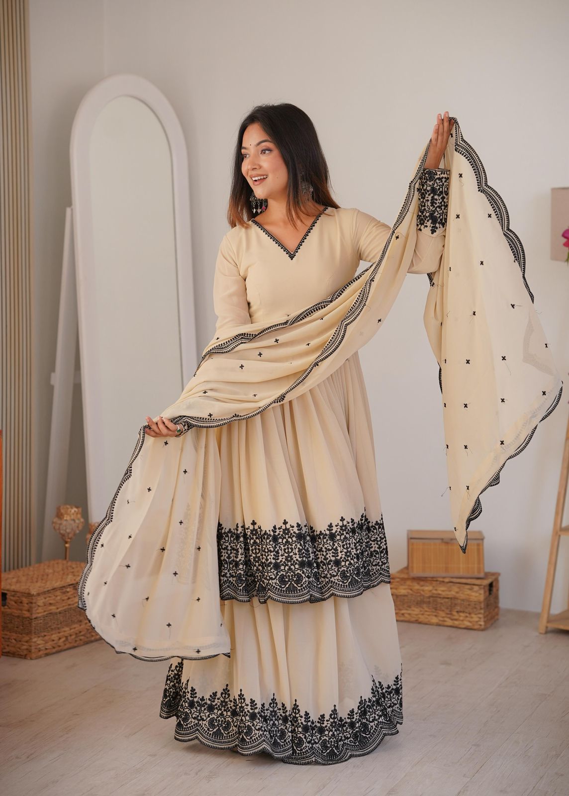 Beige Anarkali Suit with Black Embroidery Dupatta – Elegant Floor Length Ethnic Wear for Wedding & Festive Party