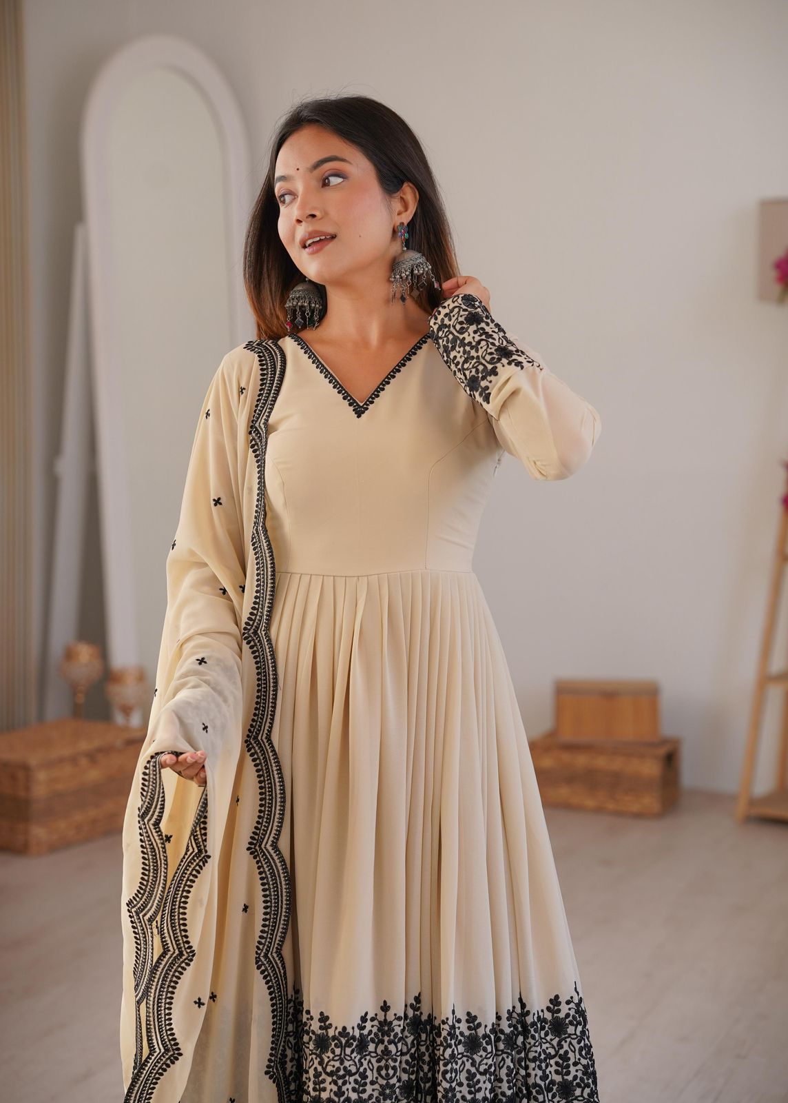 Beige Anarkali Suit with Black Embroidery Dupatta – Elegant Floor Length Ethnic Wear for Wedding & Festive Party