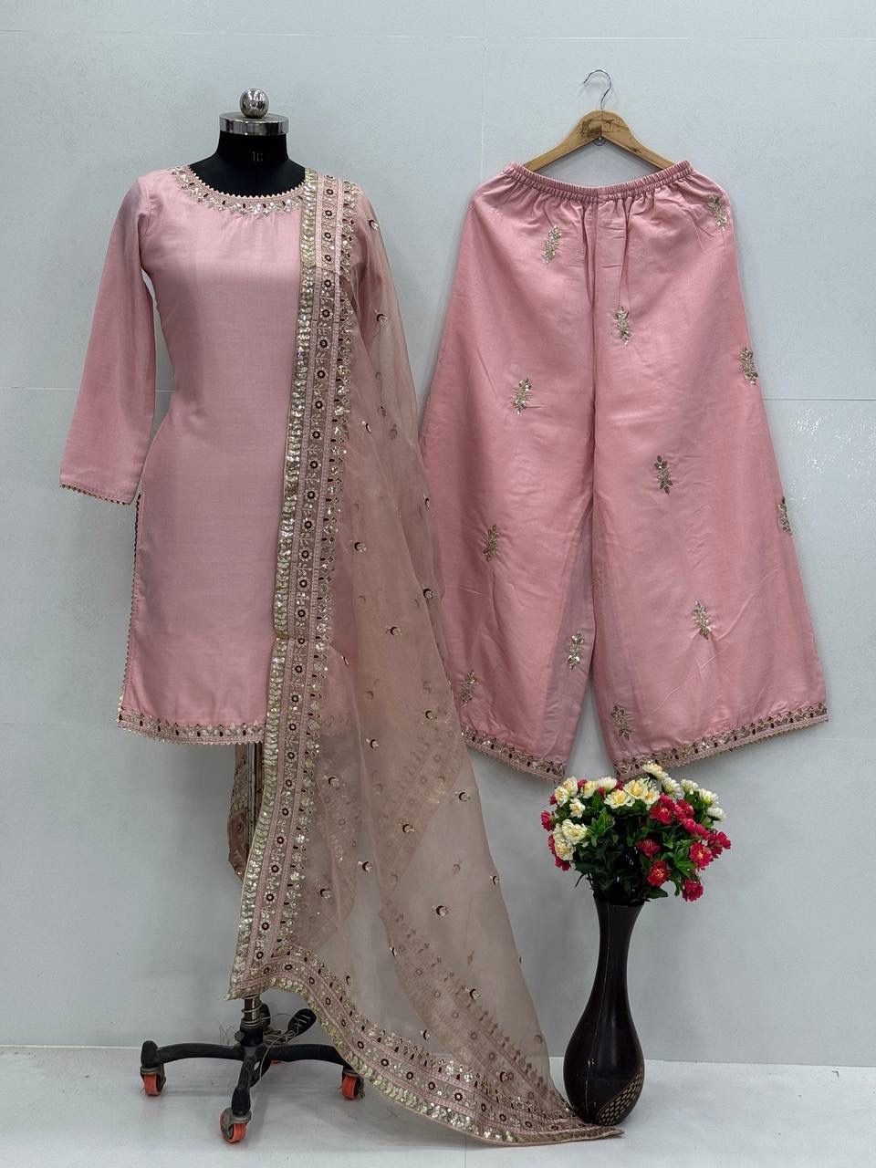 Elegant Blush Pink Silk Kurta Set with Embroidered Dupatta – Festive & Wedding Wear Pakistani Suit for Women