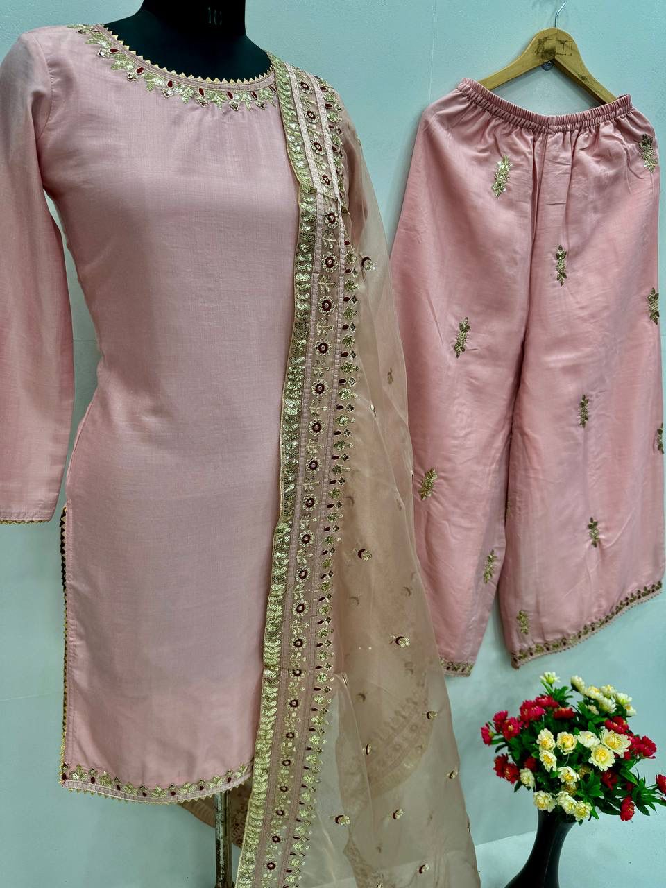 Elegant Blush Pink Silk Kurta Set with Embroidered Dupatta – Festive & Wedding Wear Pakistani Suit for Women