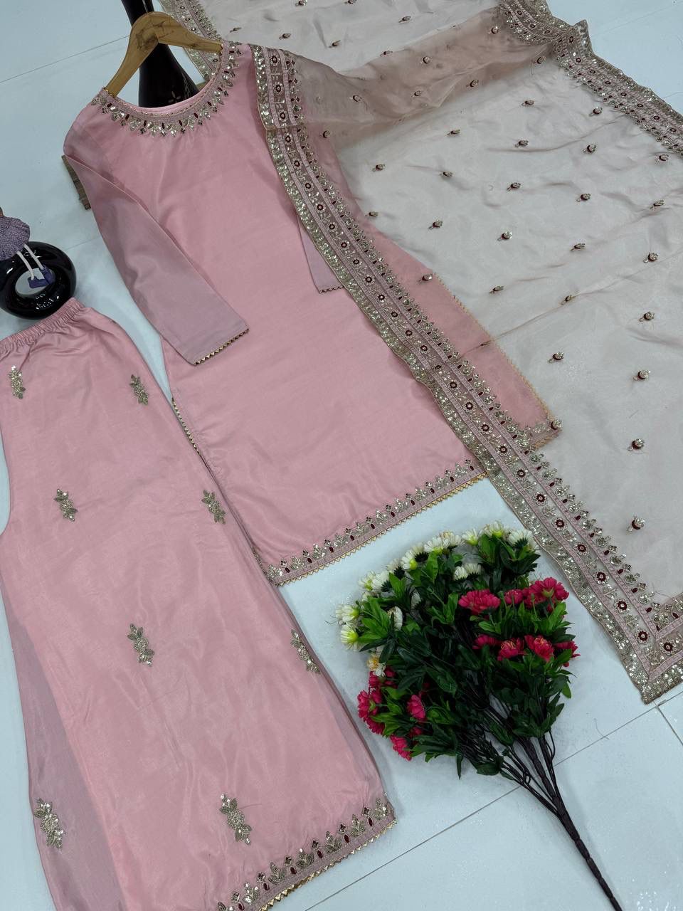 Elegant Blush Pink Silk Kurta Set with Embroidered Dupatta – Festive & Wedding Wear Pakistani Suit for Women