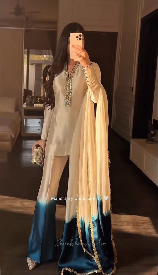 Elegant Ivory & Teal Ombre Kurta Set with Embellished Neckline – 3 Piece Eid & Wedding Wear Suit for Women