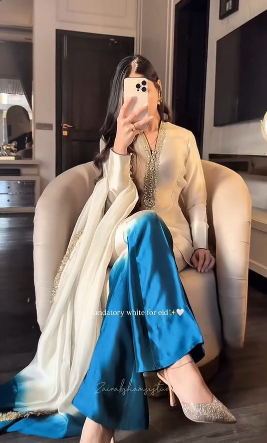 Elegant Ivory & Teal Ombre Kurta Set with Embellished Neckline – 3 Piece Eid & Wedding Wear Suit for Women