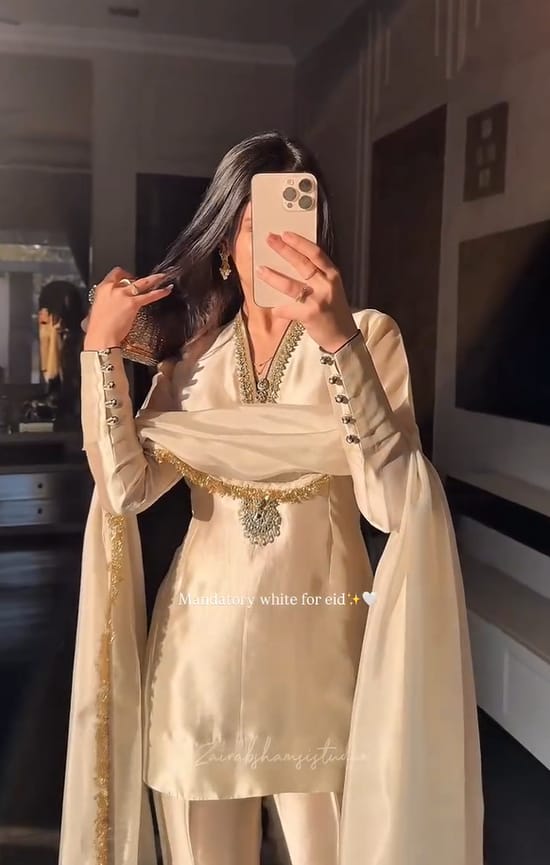 Elegant Ivory & Teal Ombre Kurta Set with Embellished Neckline – 3 Piece Eid & Wedding Wear Suit for Women