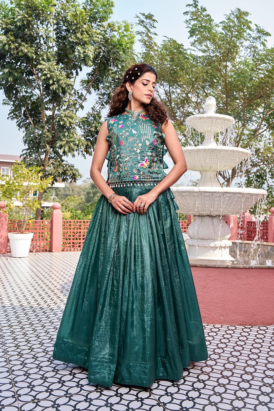 Women’s Embroidered Lehenga Choli Set – Silk Festive Gown with Floral Thread Work – Wedding, Party & Reception Wear