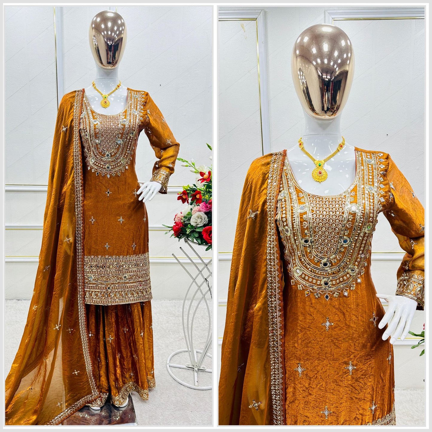 Mustard Yellow Kurta Sharara Set with Dupatta | Embroidered Ethnic Wear for Women