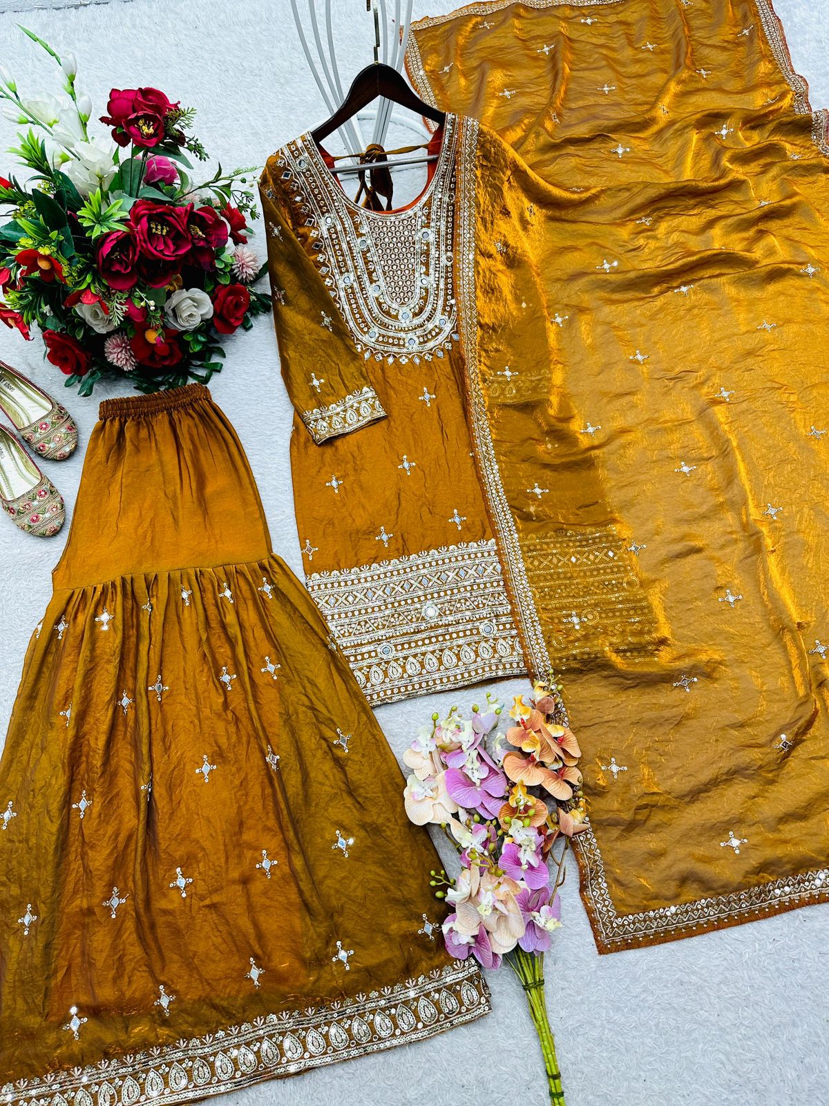 Mustard Yellow Kurta Sharara Set with Dupatta | Embroidered Ethnic Wear for Women