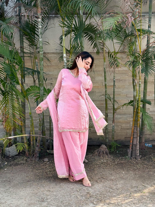 Pink Silk Kurta Palazzo Set with Dupatta for Women | Elegant Ethnic Festive Wear Suit | Traditional Indian Party Outfit
