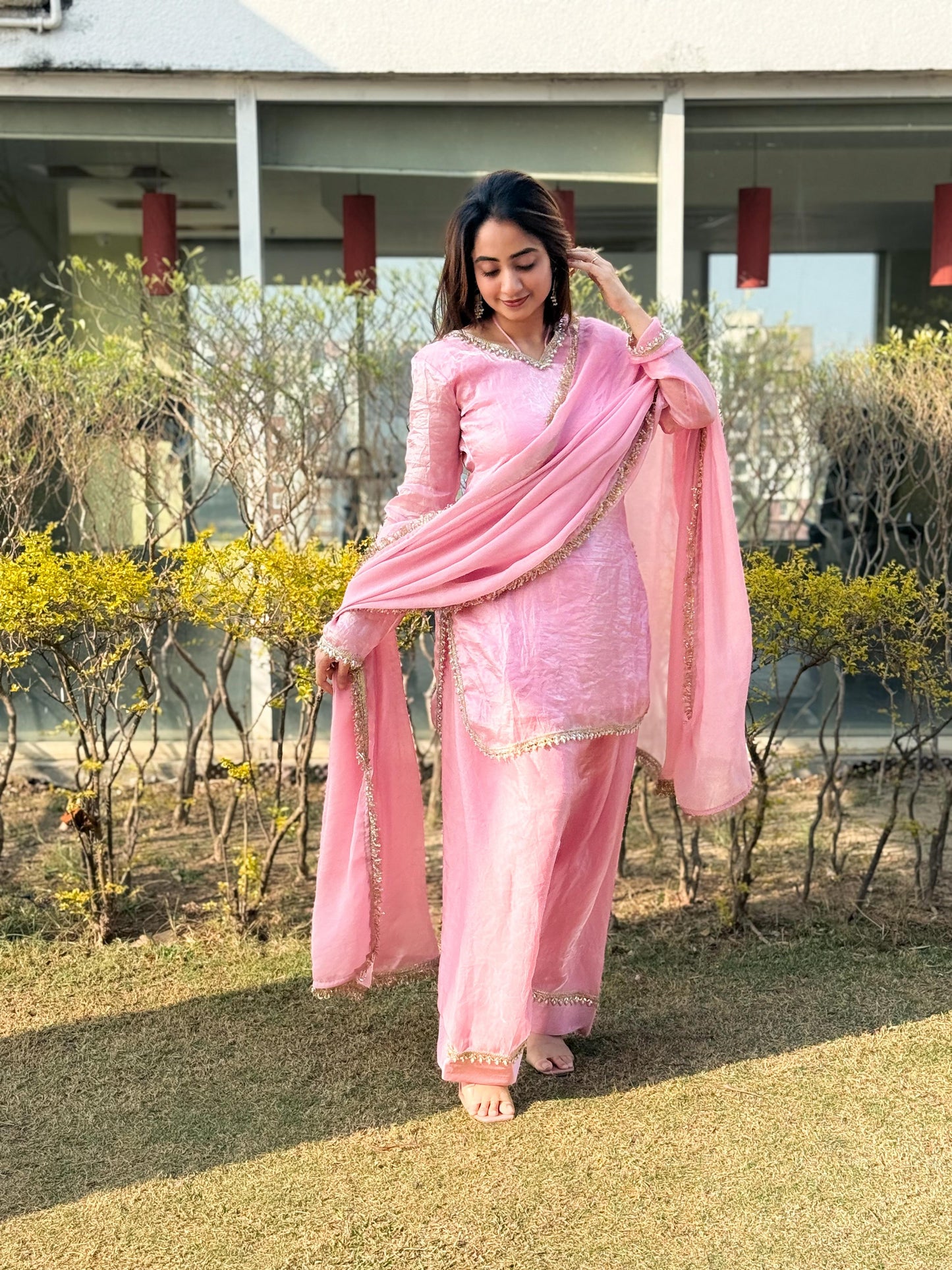 Pink Silk Kurta Palazzo Set with Dupatta for Women | Elegant Ethnic Festive Wear Suit | Traditional Indian Party Outfit