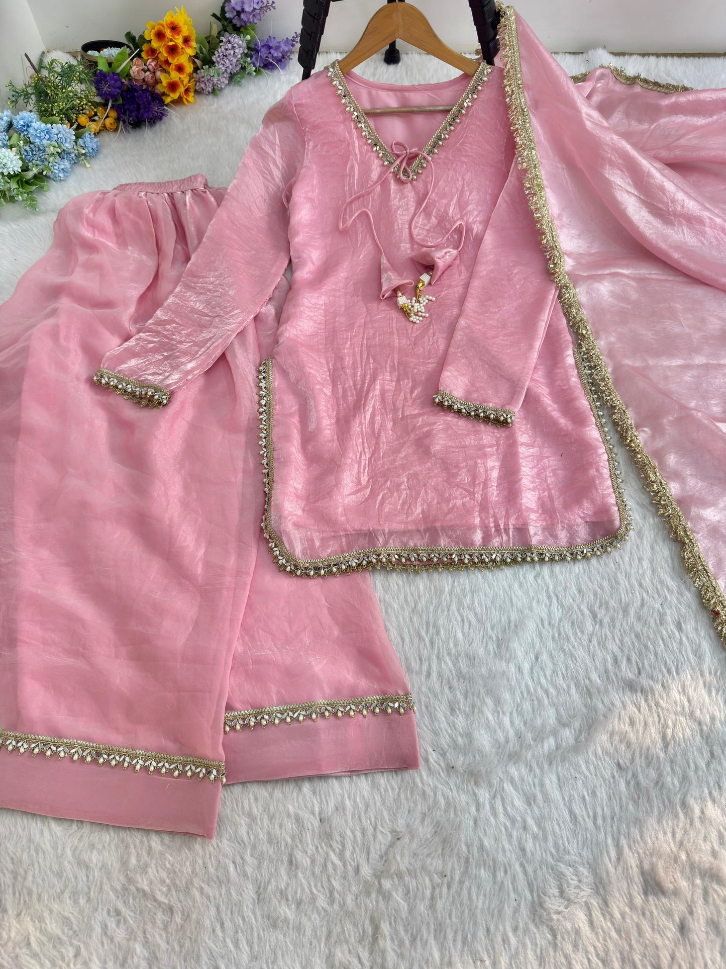 Pink Silk Kurta Palazzo Set with Dupatta for Women | Elegant Ethnic Festive Wear Suit | Traditional Indian Party Outfit