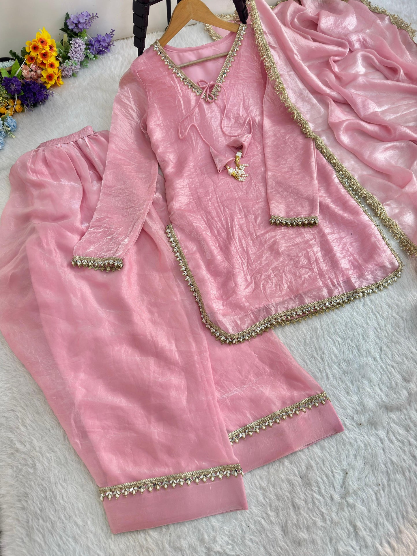 Pink Silk Kurta Palazzo Set with Dupatta for Women | Elegant Ethnic Festive Wear Suit | Traditional Indian Party Outfit