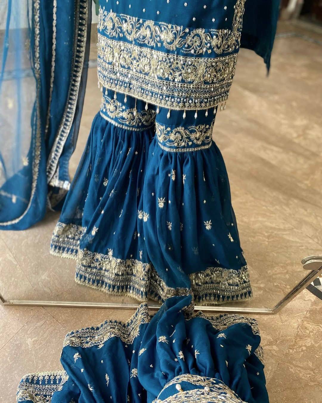 Blue Embroidered Kurta Gharara Set with Dupatta | Wedding & Festive Ethnic Wear for Women