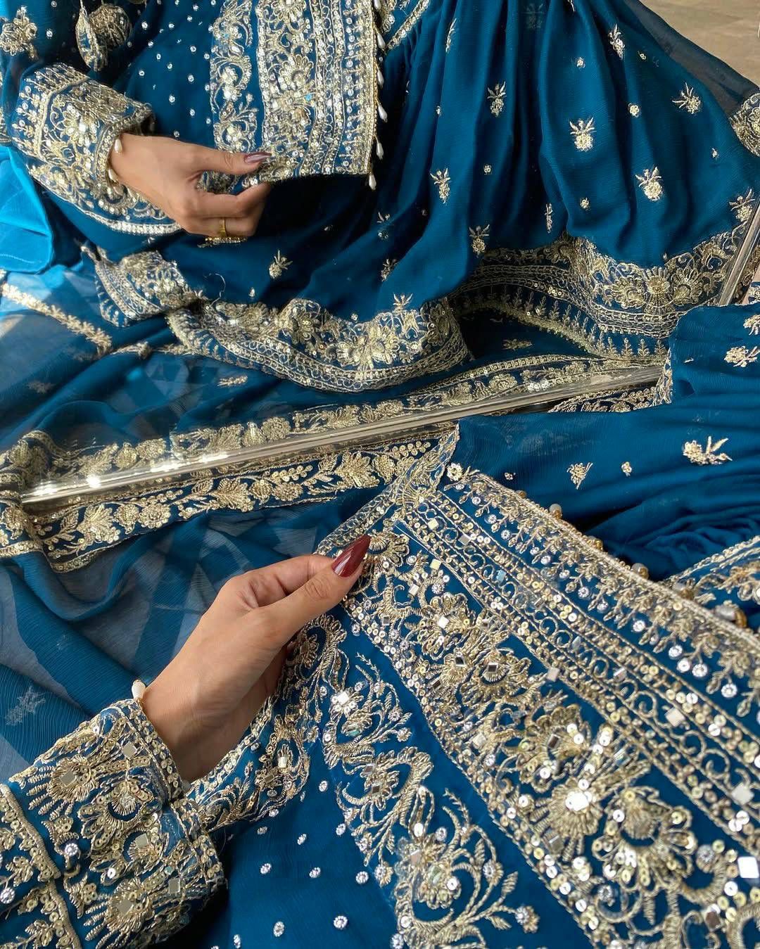 Blue Embroidered Kurta Gharara Set with Dupatta | Wedding & Festive Ethnic Wear for Women