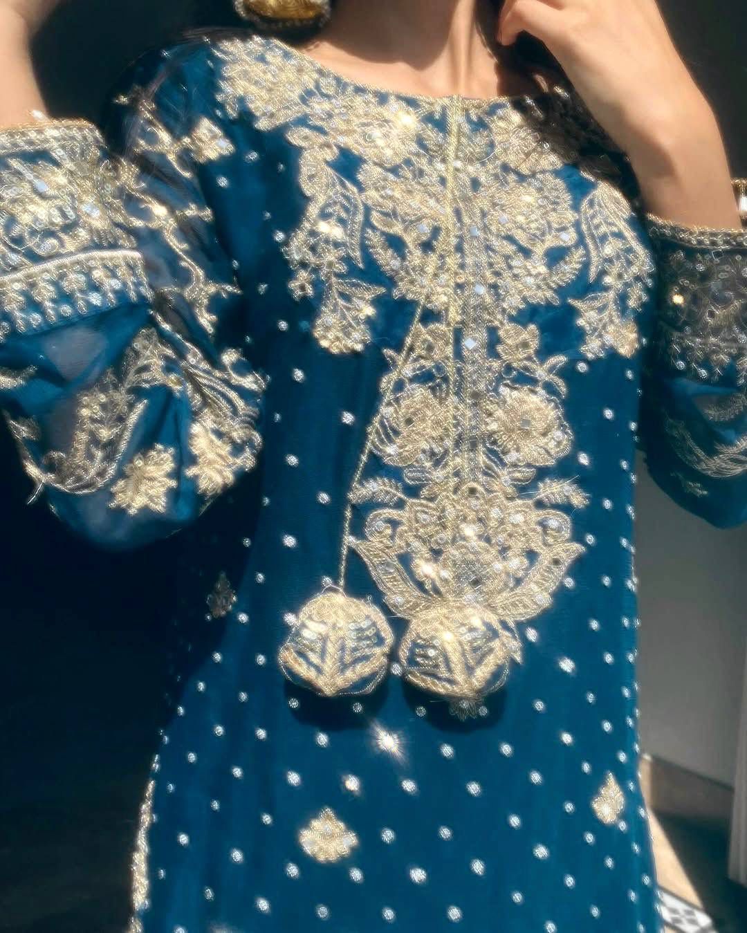 Blue Embroidered Kurta Gharara Set with Dupatta | Wedding & Festive Ethnic Wear for Women