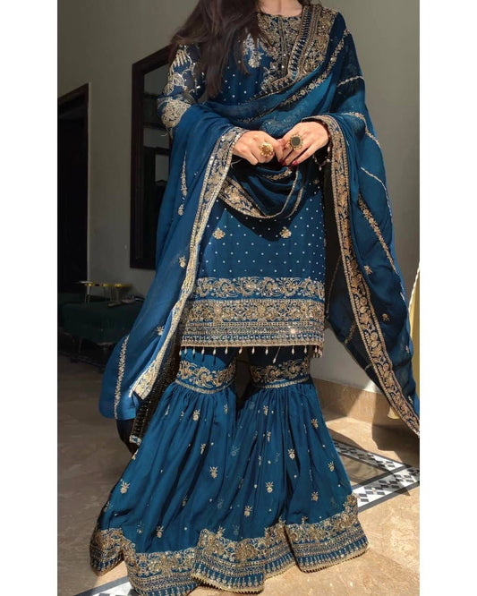 Blue Embroidered Kurta Gharara Set with Dupatta | Wedding & Festive Ethnic Wear for Women