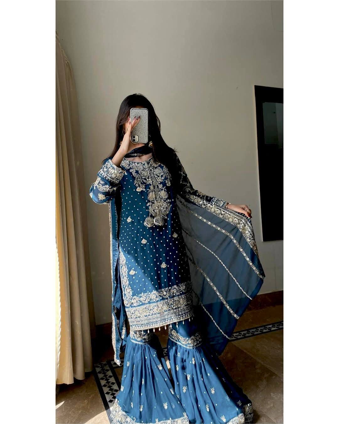 Blue Embroidered Kurta Gharara Set with Dupatta | Wedding & Festive Ethnic Wear for Women