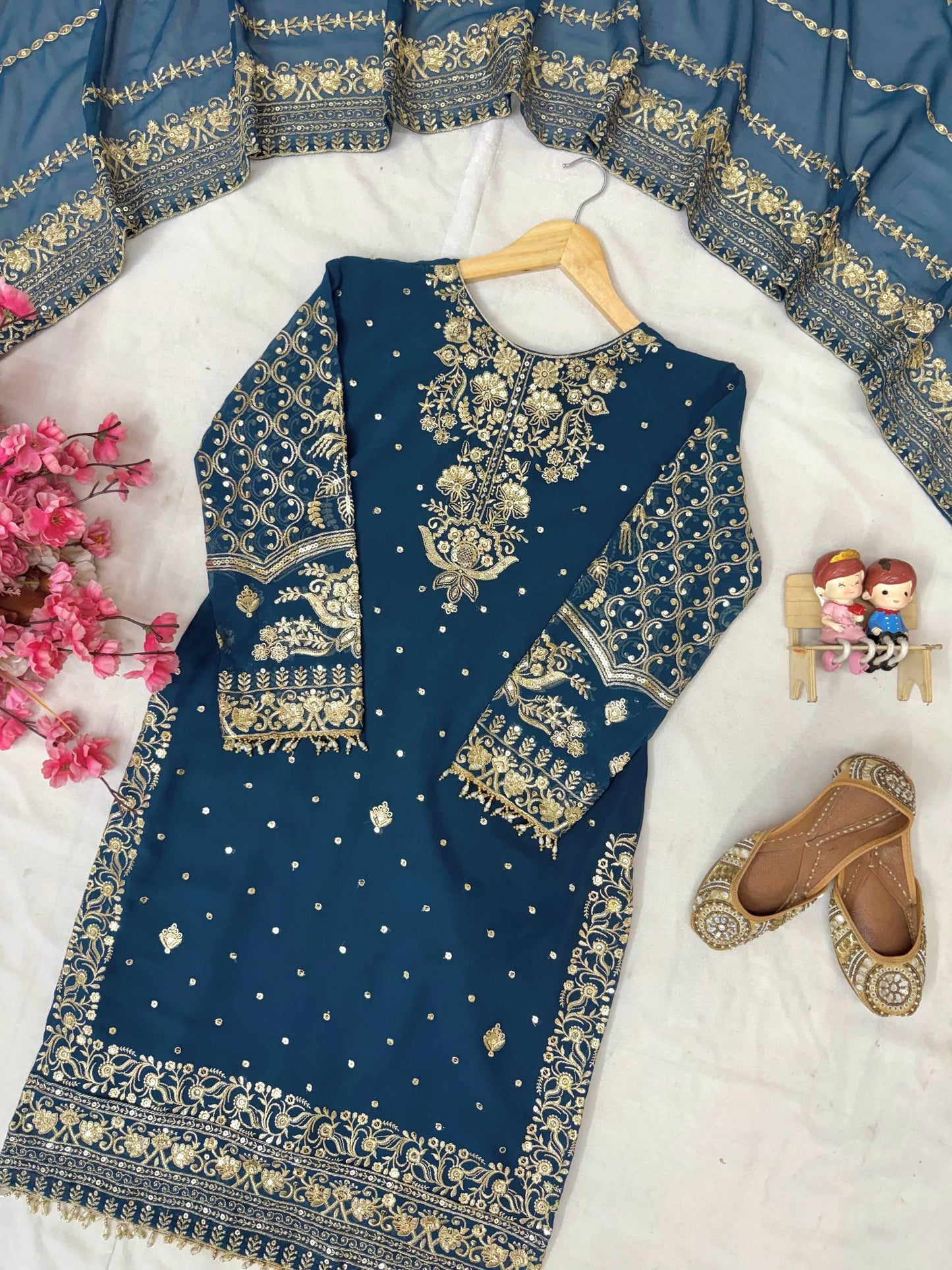 Blue Embroidered Kurta Gharara Set with Dupatta | Wedding & Festive Ethnic Wear for Women