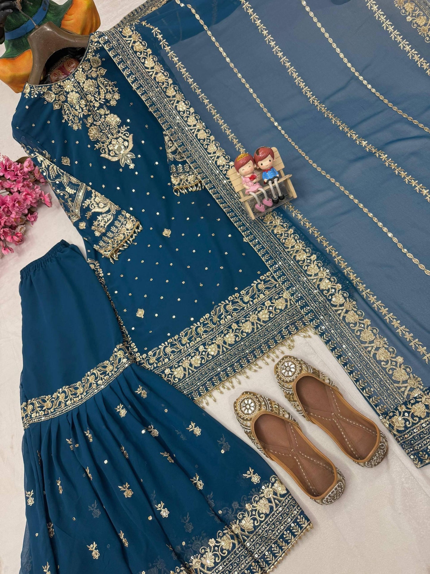 Blue Embroidered Kurta Gharara Set with Dupatta | Wedding & Festive Ethnic Wear for Women