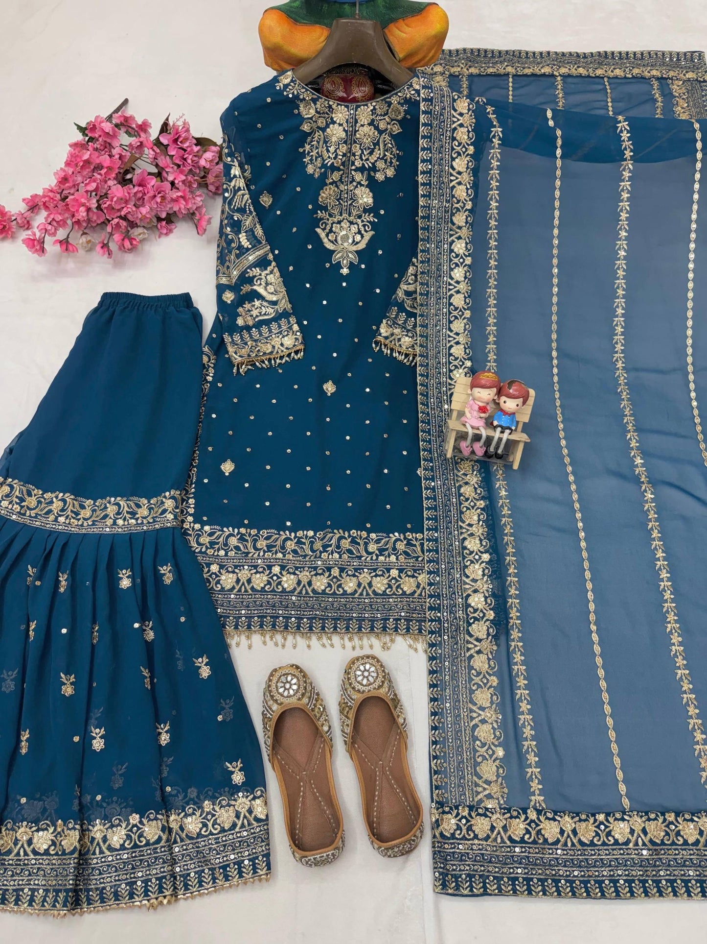 Blue Embroidered Kurta Gharara Set with Dupatta | Wedding & Festive Ethnic Wear for Women