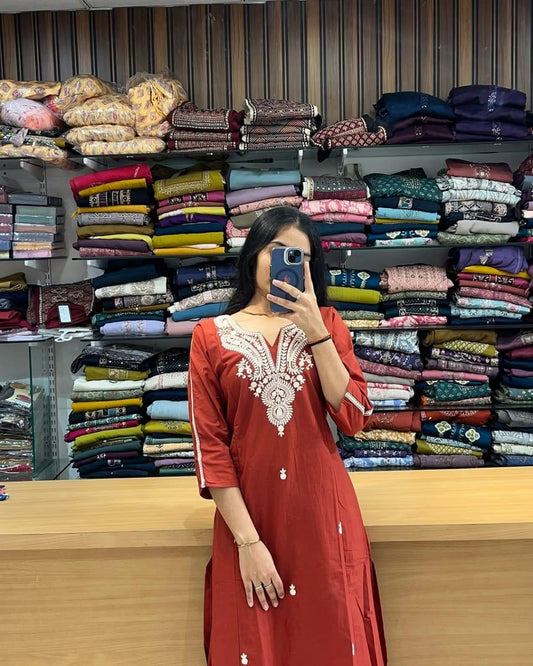 Beautiful Red Cotton Kurta Pant Set