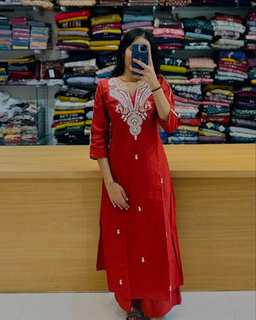 Beautiful Red Cotton Kurta Pant Set